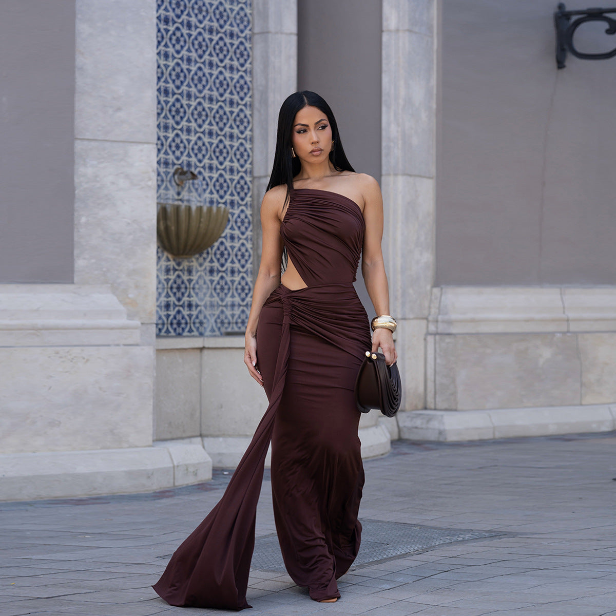 Women One-Shoulder Backless Sexy Strapless Sash Ruched Party Dress