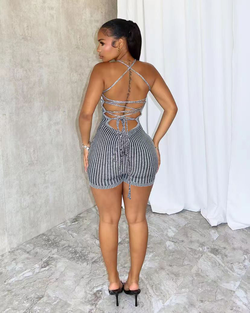 Women Casual Backless Lace-Up Knitting Jumpsuit
