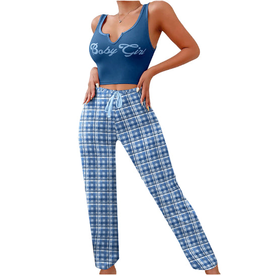 Women's Casual Pajama Set - Plaid Trousers & Letter Print Top