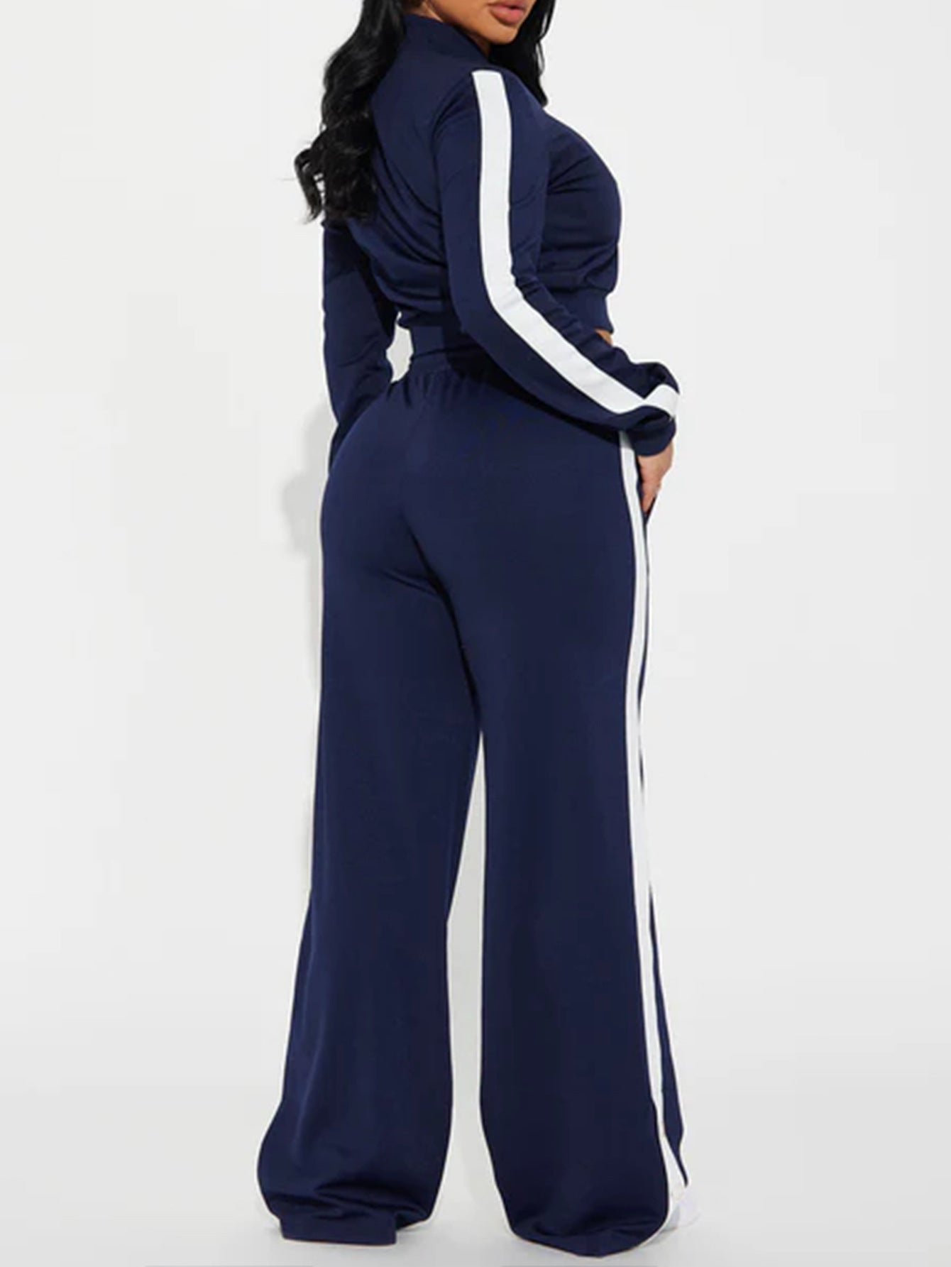 Women Sport Casual Side Stripe Long Sleeve Zipper Jacket Wide-Leg Pants Two-Piece Set