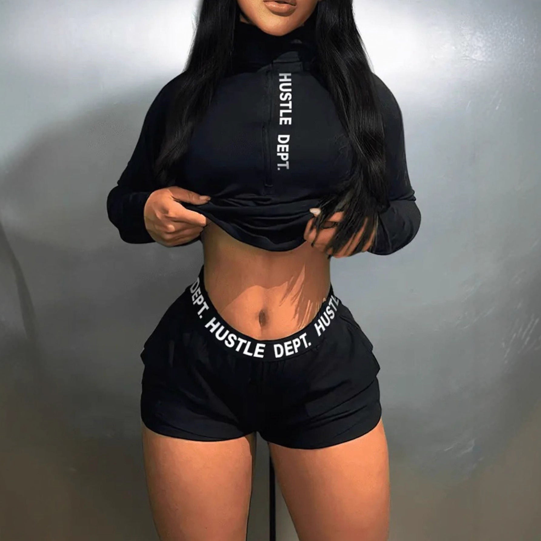 Women Stand Collar Long Sleeve Top And Shorts Two-Piece Set