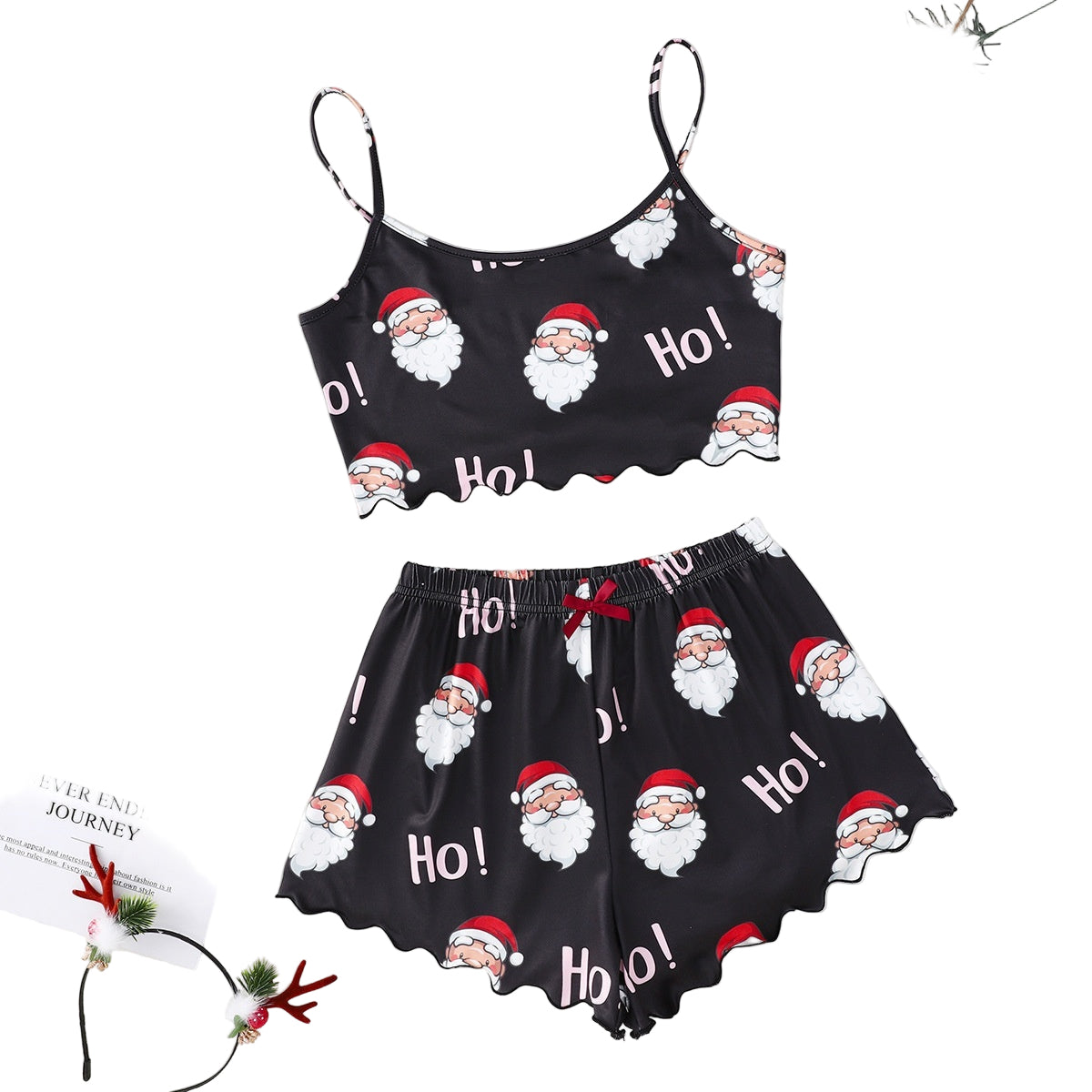Women's Christmas Pajama Set - Sleeveless Shorts Silk Homewear
