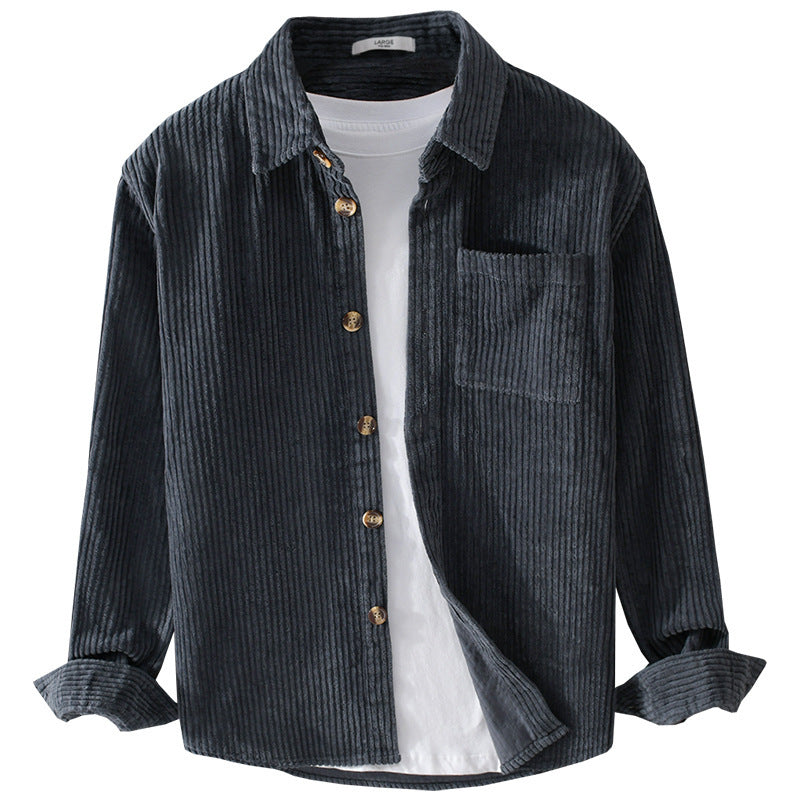 Men's Winter Corduroy Shirt with Pocket - Lapel Button Long Sleeve Top