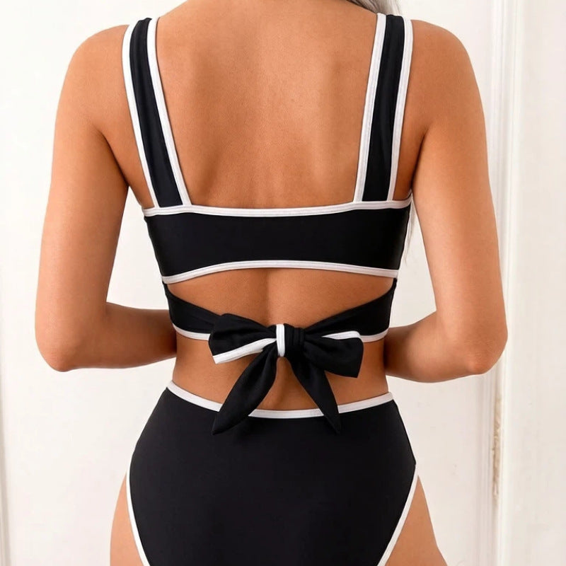 Women Black and White Striped Ruffled Bikini with Bow Tie Two-Piece Swimwear
