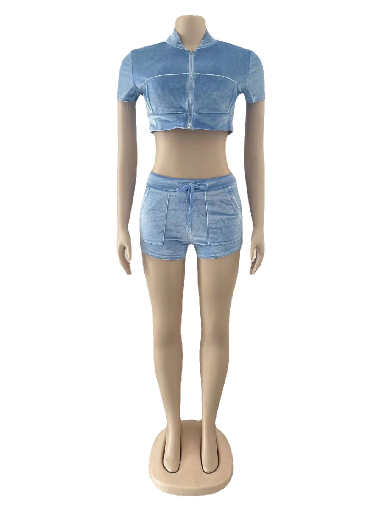 Women's Fashion Short Sleeve Velvet Fabric Two-Piece Shorts Set
