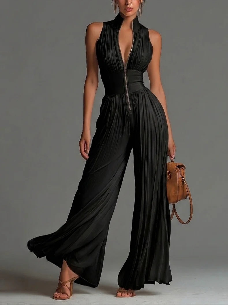 Women's Fashion Sexy Pleated Halter Neck Wide Leg Jumpsuit
