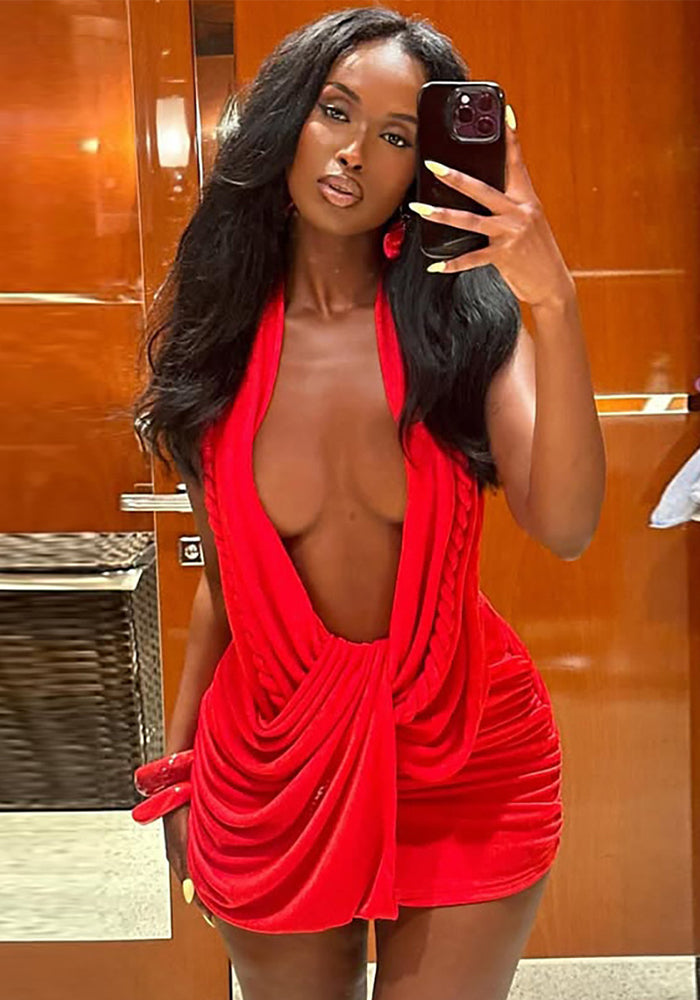 Women spring long-sleeved V-neck halter-neck backless sexy bodycon dress - Infinite Luxe