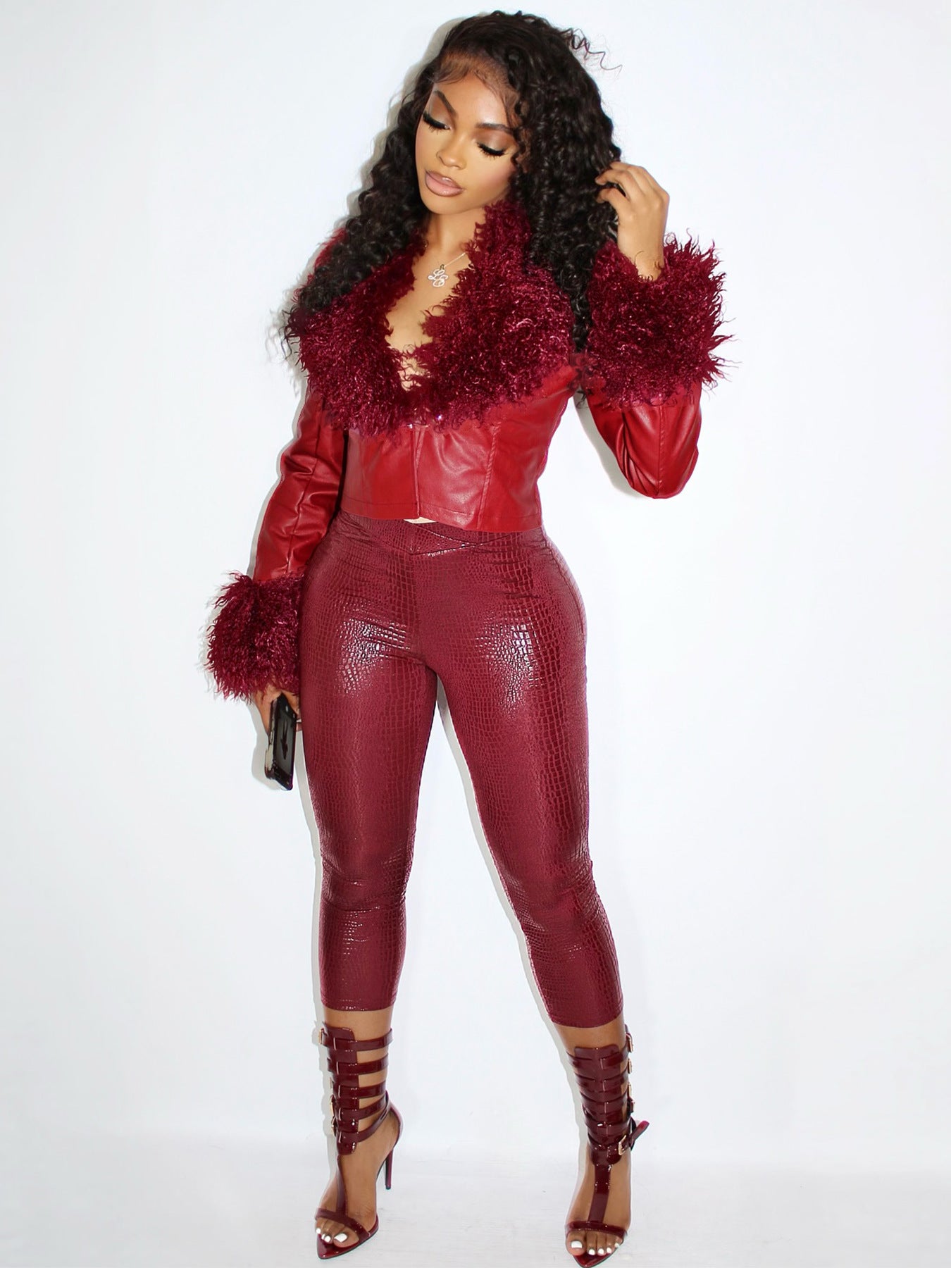 Women Furry V-Neck Button-Up Pu-Leather Jacket Top