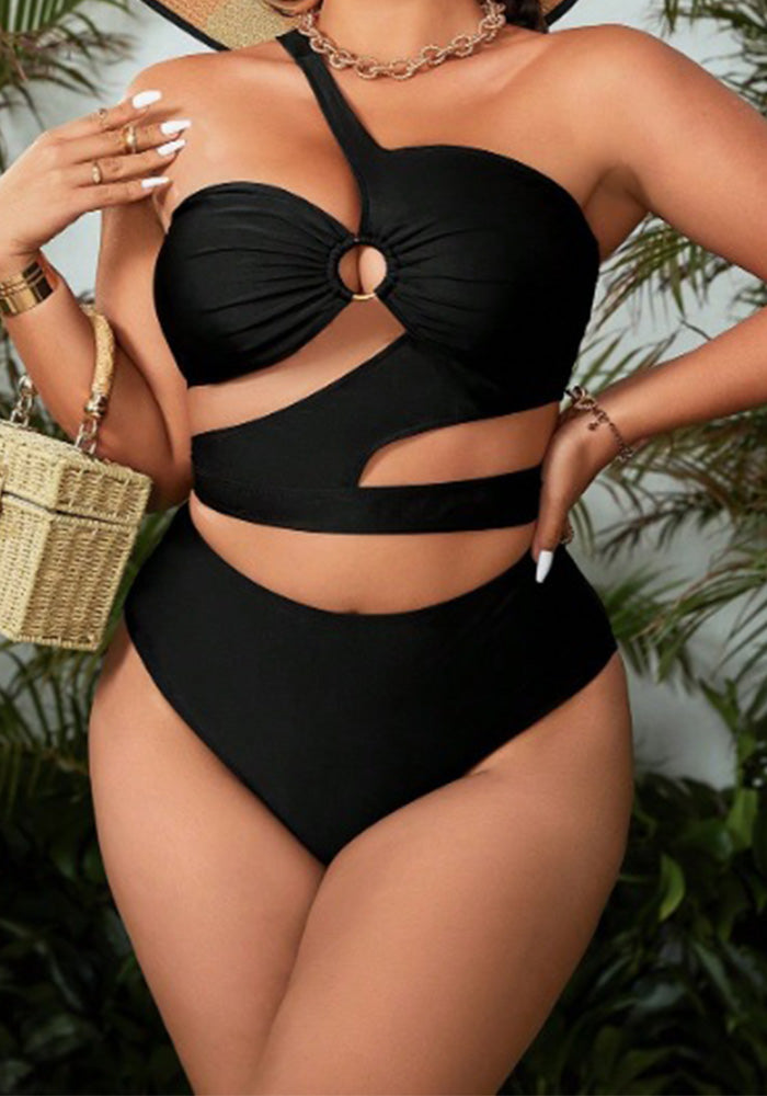 Plus Size Women Sexy One-Shoulder Hollow-Out Two-Piece Swimwear
