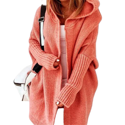 Women's Knitted Hooded Cardigan - Loose Batwing Sleeve Sweater