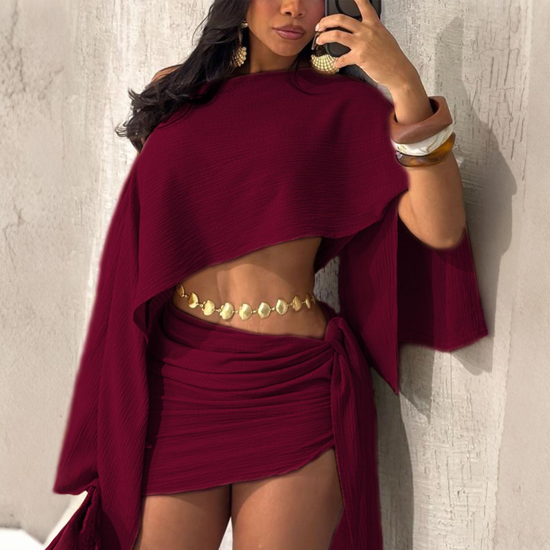 Women Elegant Slash Shoulder Top Lace-Up Bodycon Mini Skirt Set