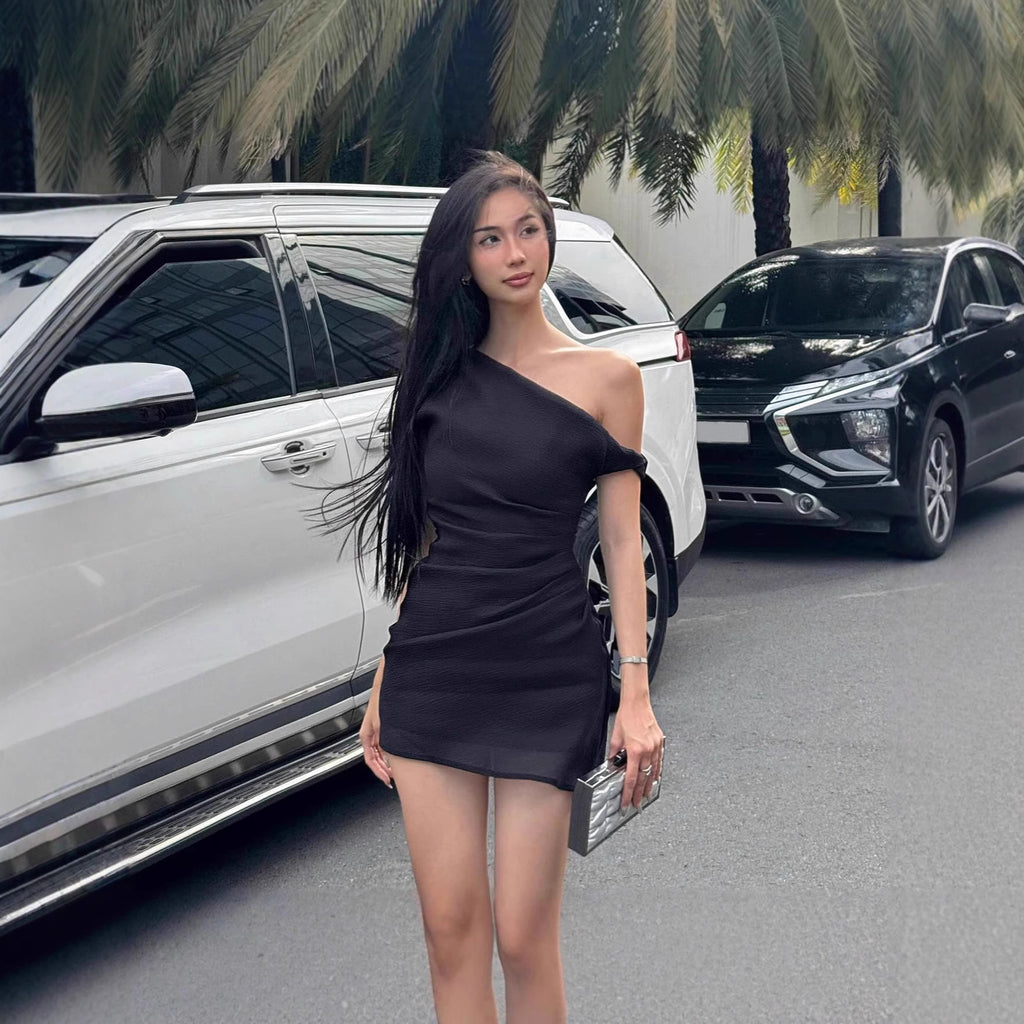 Fall New Sexy Pleated Off-the-shoulder Diagonal Collar Dress For Women