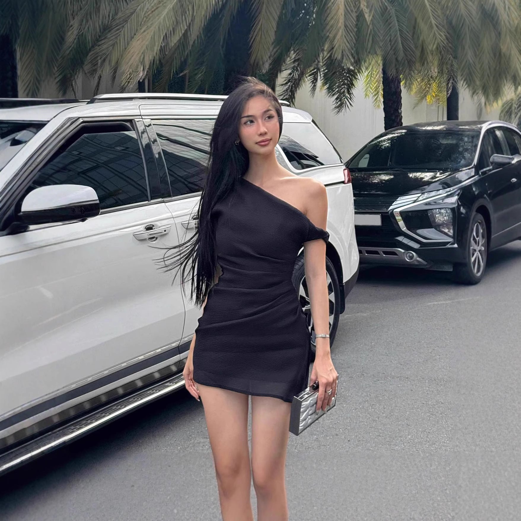 Fall New Sexy Pleated Off-the-shoulder Diagonal Collar Dress For Women