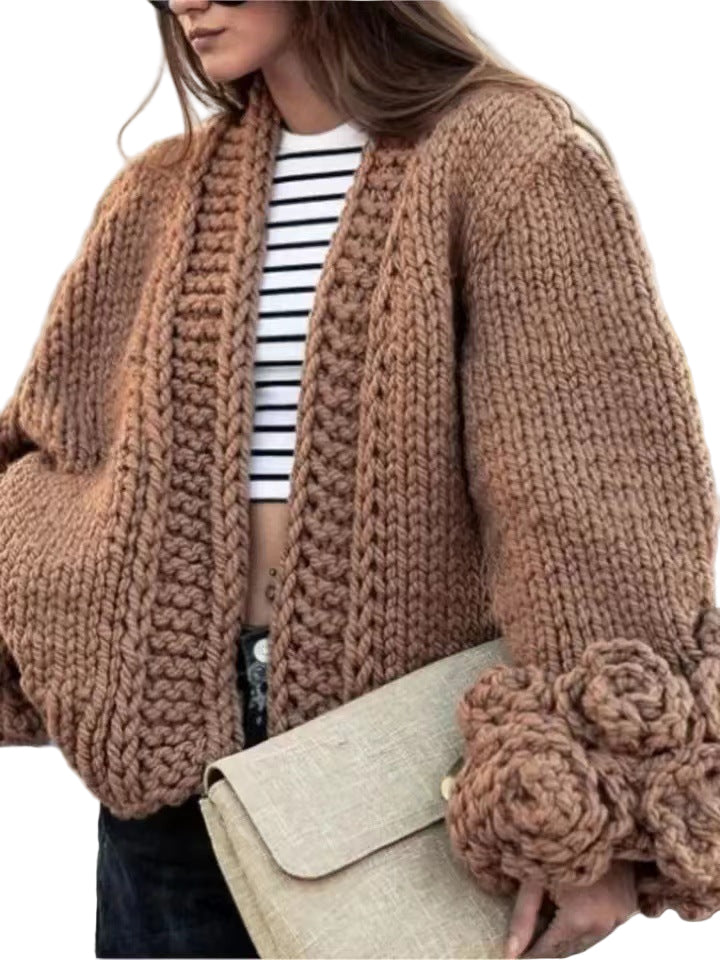 Long Sleeve Sweater Fashion Flower Sleeve Coarse Woven Knitted Cardigan