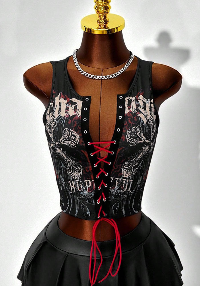 Women Sweet and Sexy Lace-Up Crop Top Printed Vest - Infinite Luxe