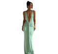 Fashionable Sexy Deep V Backless Solid Color Draped Design Waist-cinching Dress