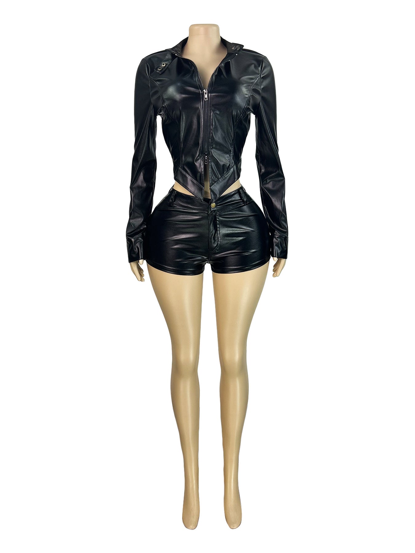 Fashion Women'S Leather Stand Collar Zipper Long Sleeve Top Shorts Two-Piece Set