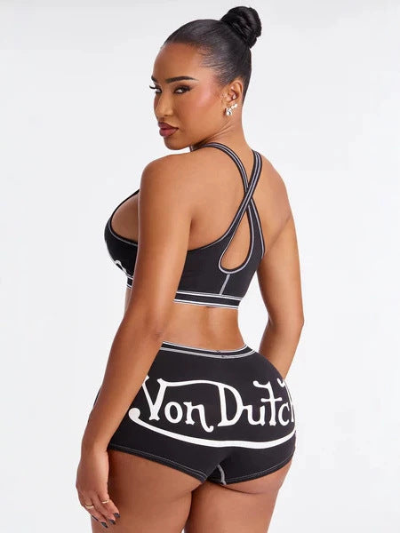 Black Women Street Letter Print Sleeveless Crop Tank Top Casual Set