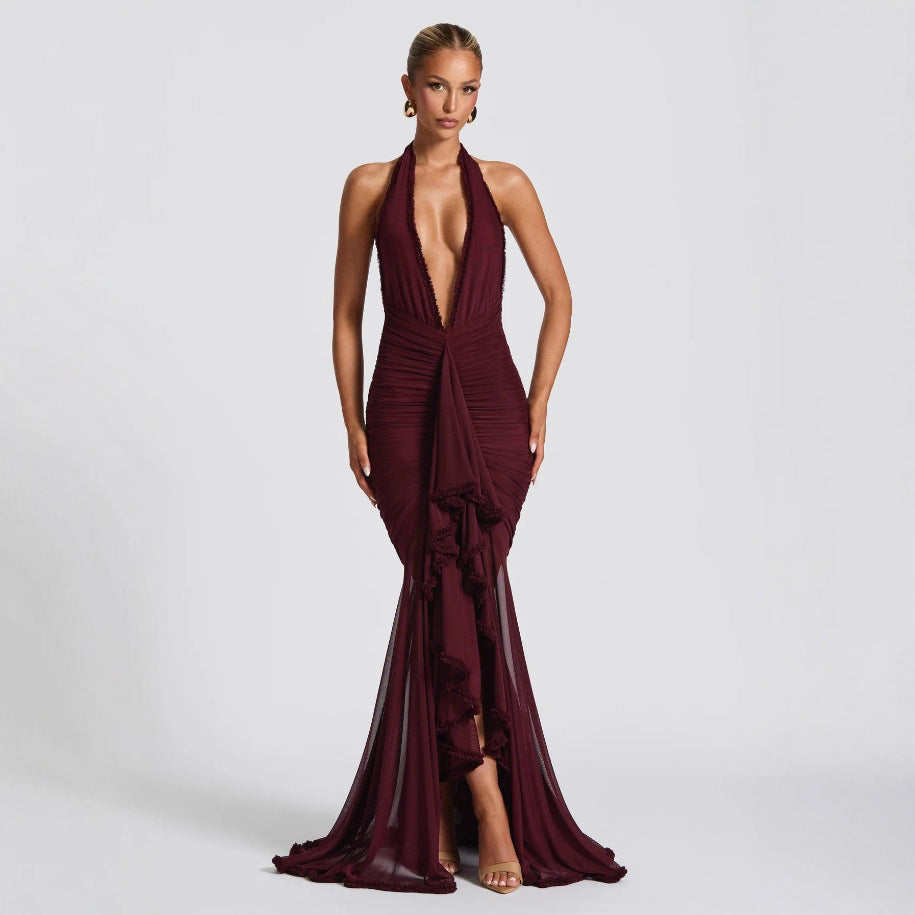 Women Sexy Stretch Suspender Solid V-Neck Dress