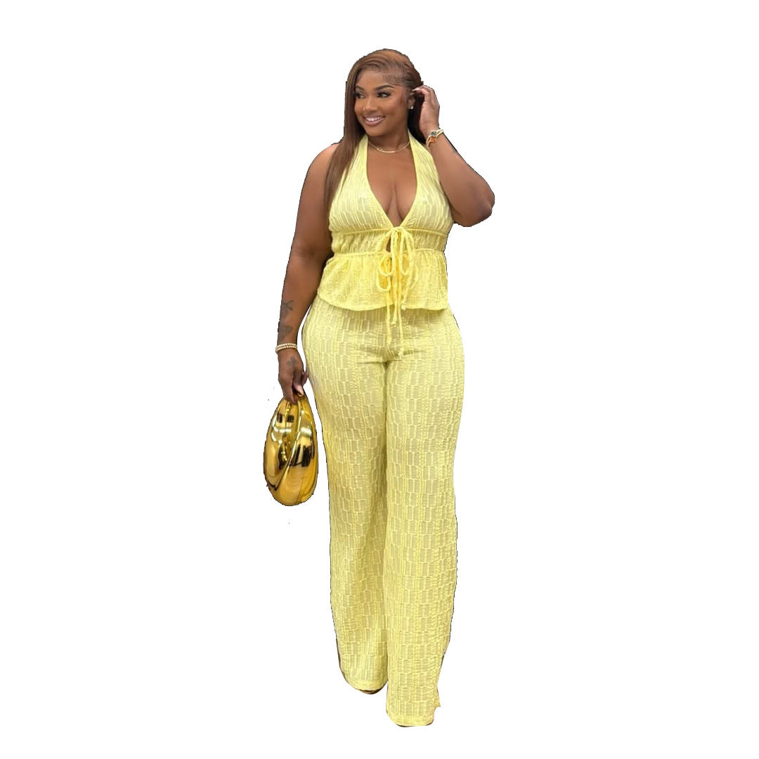 Women Casual Jacquard Sleeveless Slim Fit Pants Set