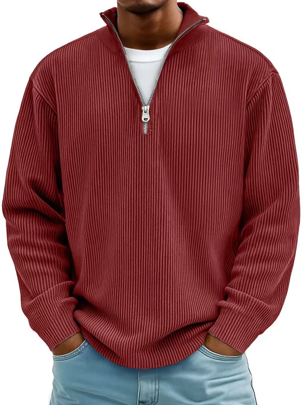 Men's Corduroy Zipper Stand Collar Sweatshirt - Casual Polo Top
