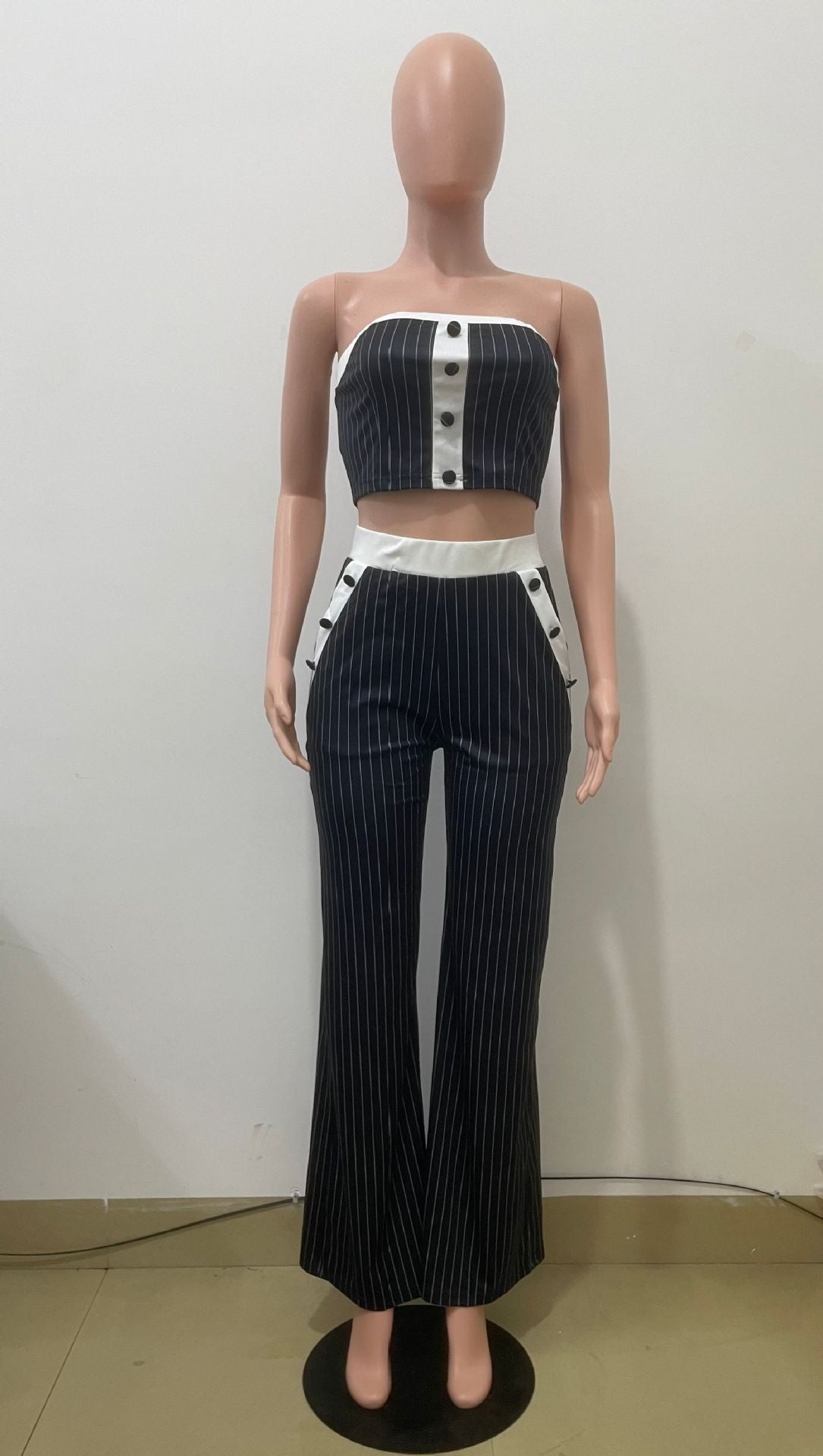 Summer Women Strapless Striped Pants Set Sexy Fashion Two-Piece Set