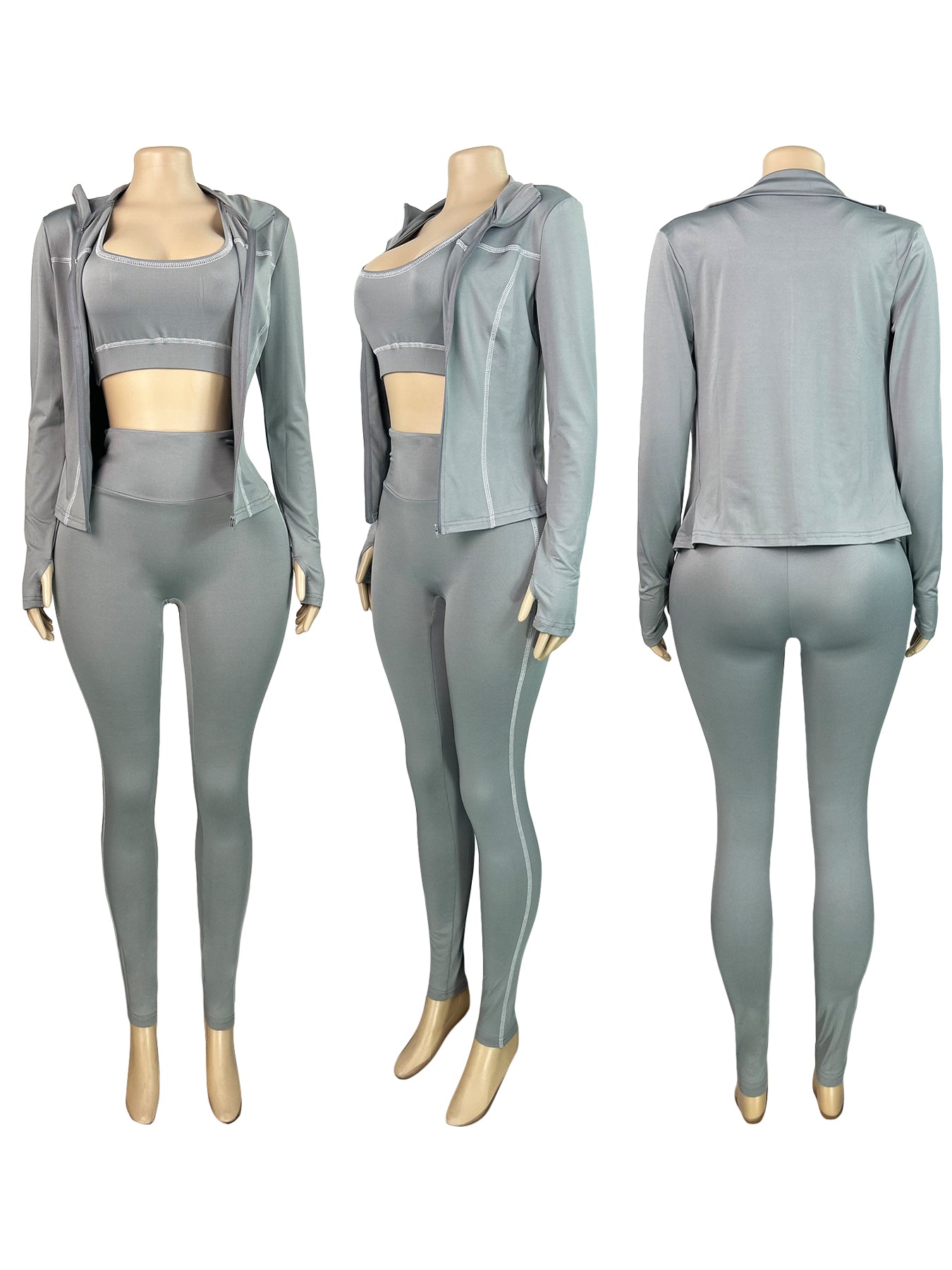 Women Zippered Thumb-Sleeve Long-Sleeved Top And Pants Three-Piece Set