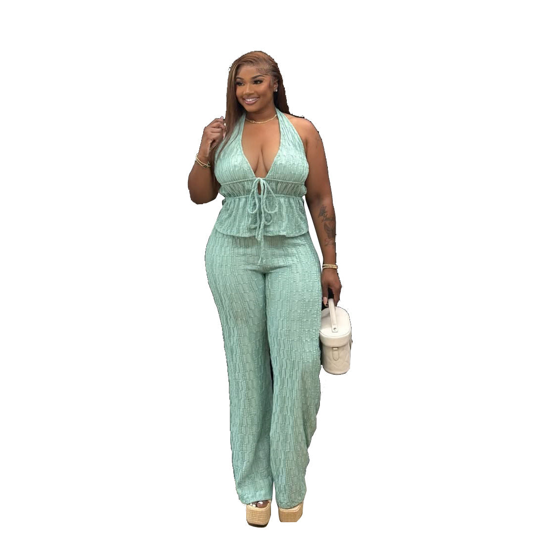 Women Casual Jacquard Sleeveless Slim Fit Pants Set