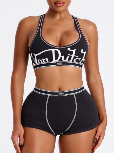 Black Women Street Letter Print Sleeveless Crop Tank Top Casual Set