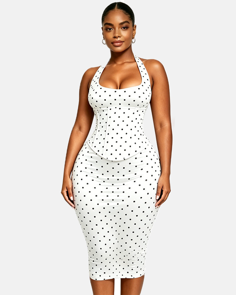 Women Halter Neck Polka Dot Herringbone Zipper (Faux Two-Piece) Dress