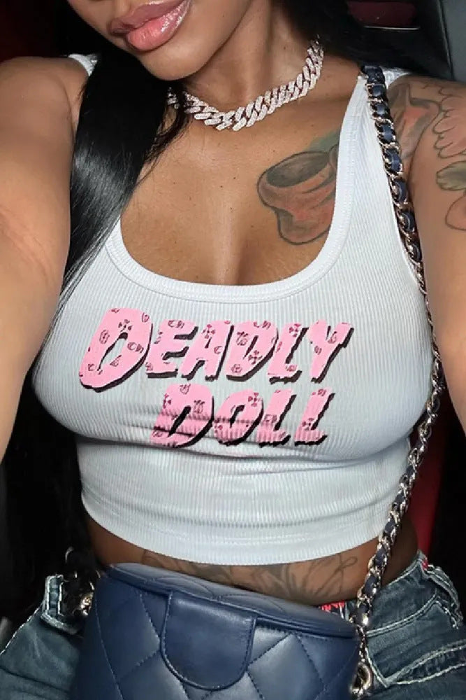 Women Summer Sexy Letter Print U-Neck Top