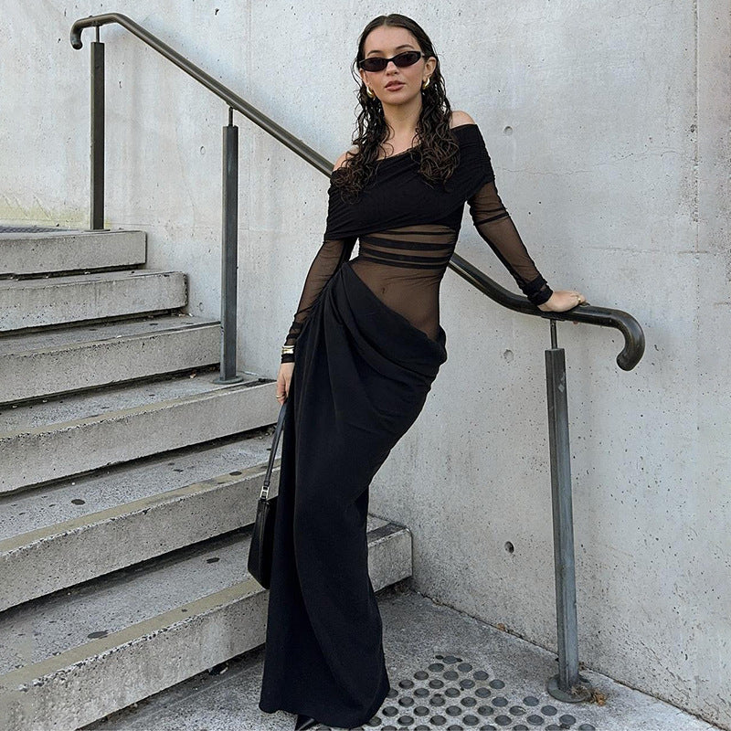Women Summer Off Shoulder Long Sleeve Cut Out Patchwork Dress