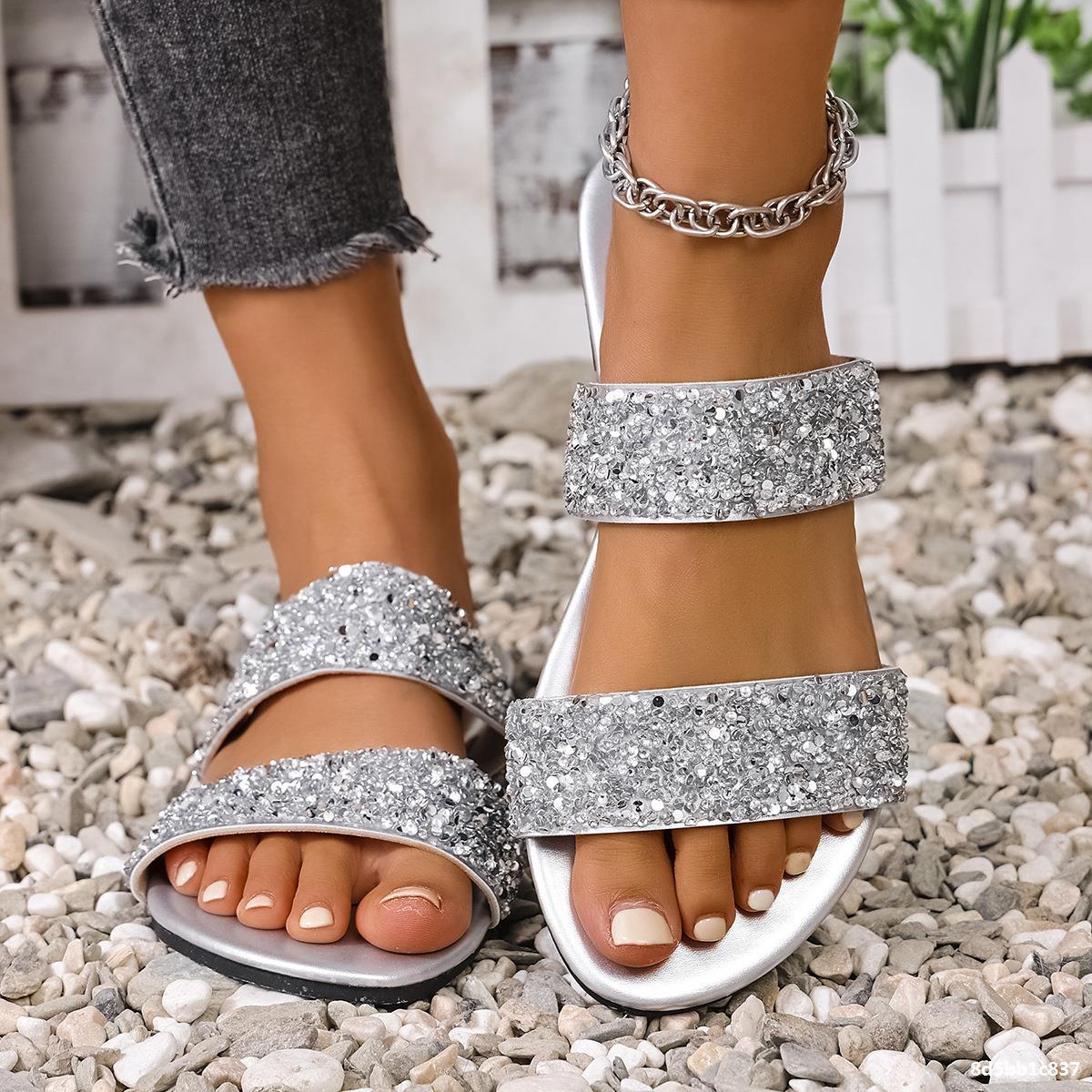 Plus Size Women Summer Rhinestone Casual Beach Slides
