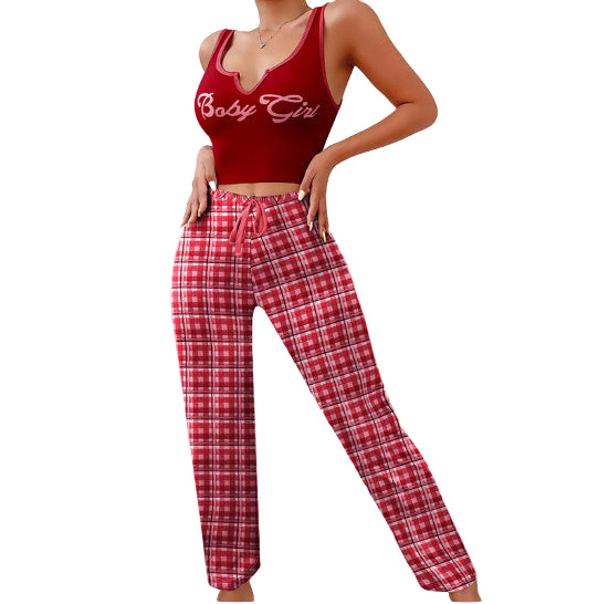Women's Casual Pajama Set - Plaid Trousers & Letter Print Top