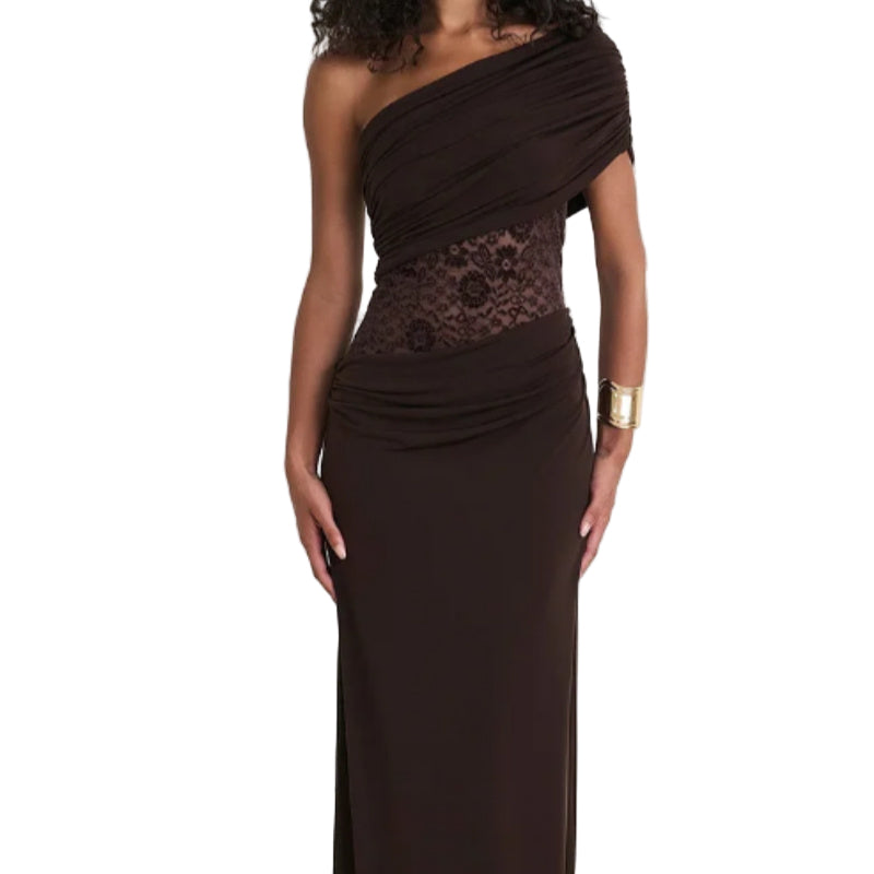 Asymmetrical Lace Patchwork Satin Long Dress