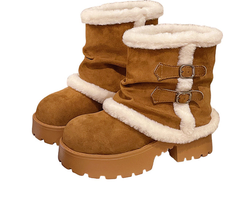 Women's Brown Suede Snow Boots Paired With White Fluffy Thick-soled Martin-style Short Boots, Comfortable Winter Ankle Boots
