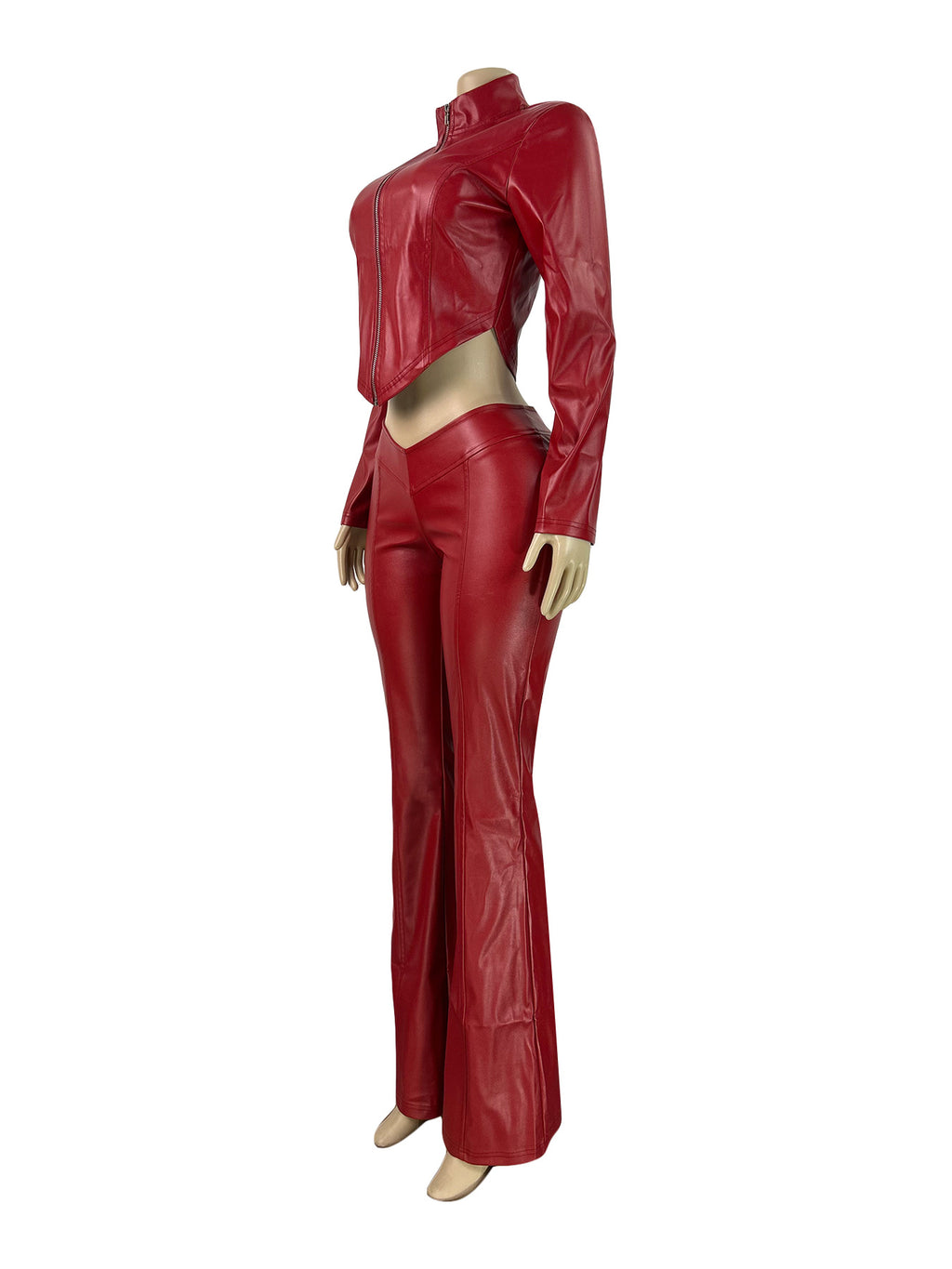 Women'S Fashion Slim Fit Zipper Stretch Leather Casual Flared Pants Set