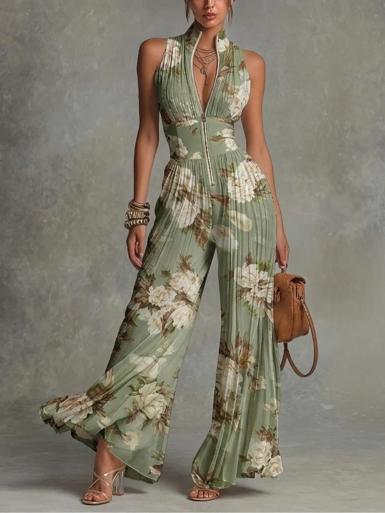 Women's Fashion Sexy Pleated Halter Neck Wide Leg Jumpsuit