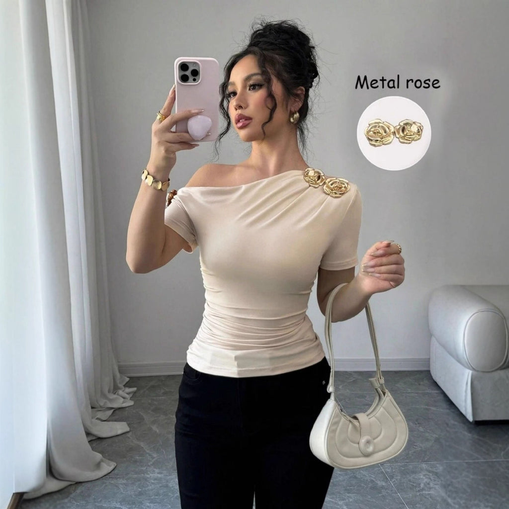 Shoulder Metal Decorative Pleating Short-sleeved T-shirt