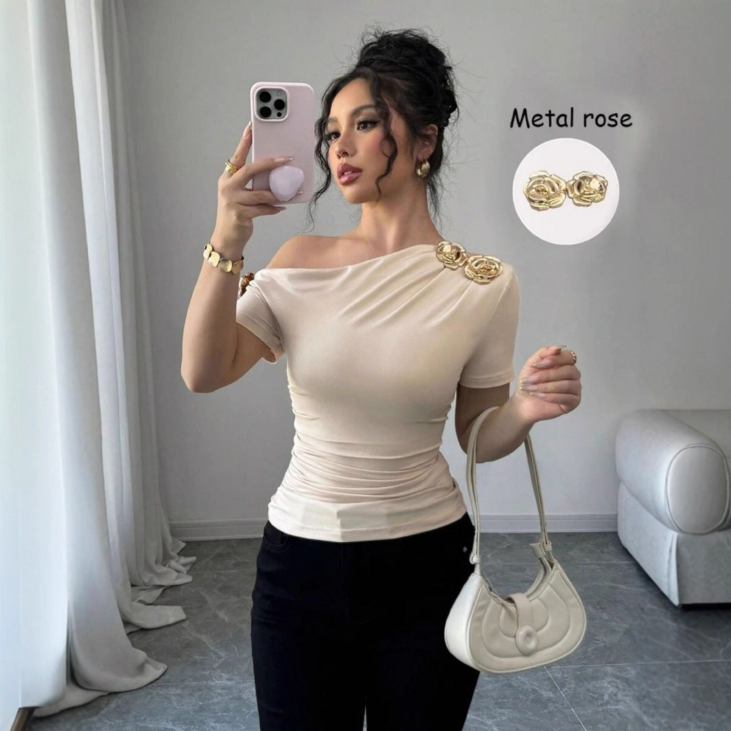 Shoulder Metal Decorative Pleating Short-sleeved T-shirt