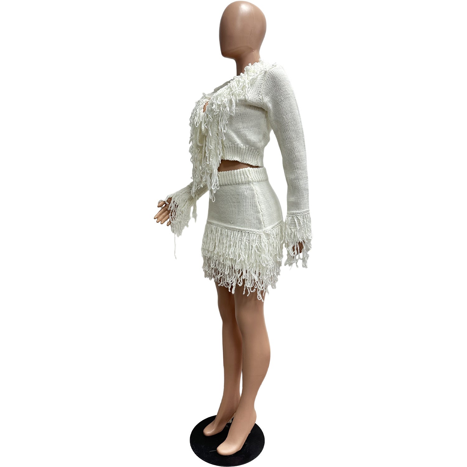 Autumn & Winter Knitted Crochet Fringe Lace-Up Long Sleeve Bodycon Skirt Set