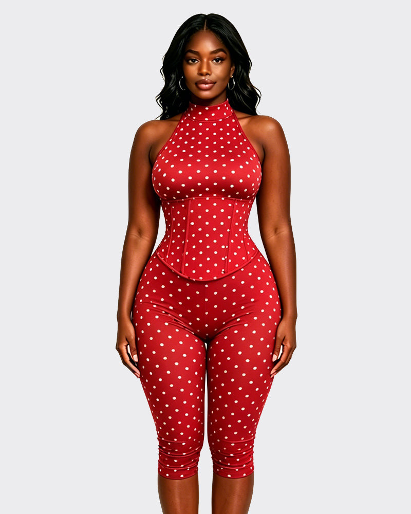 Women Halter Neck Polka Dot Zipper Capri Jumpsuit (Faux Two-Piece)