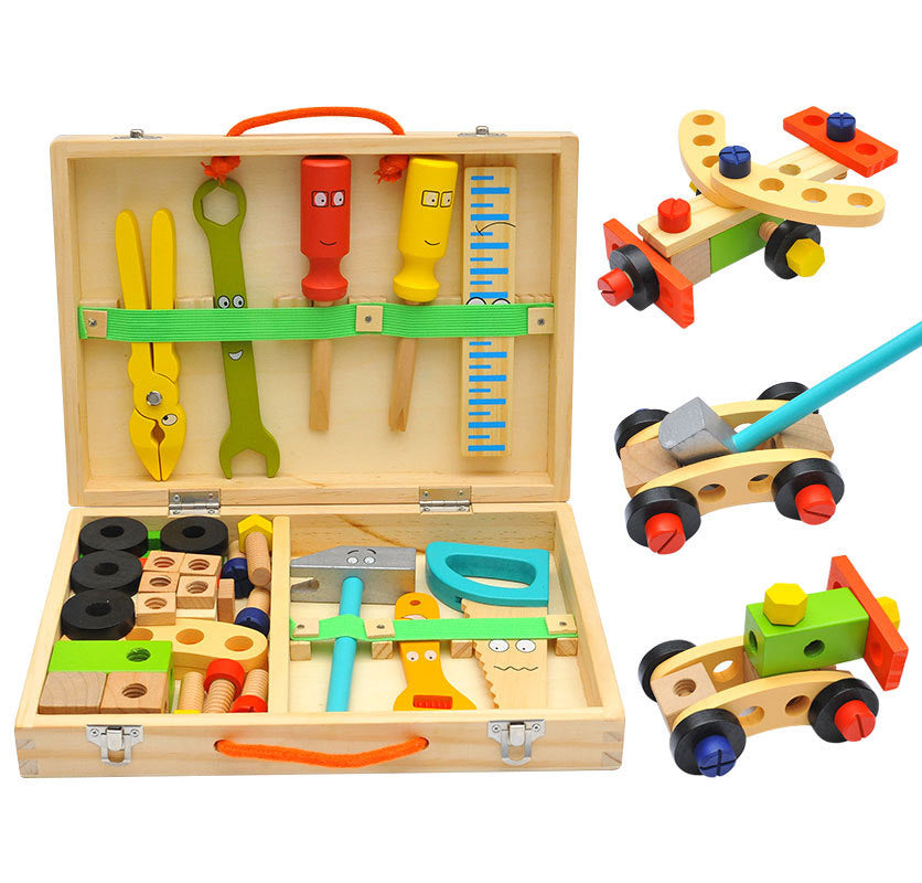 Kids Wooden Toolbox Toy Set - Educational Assembly Playset