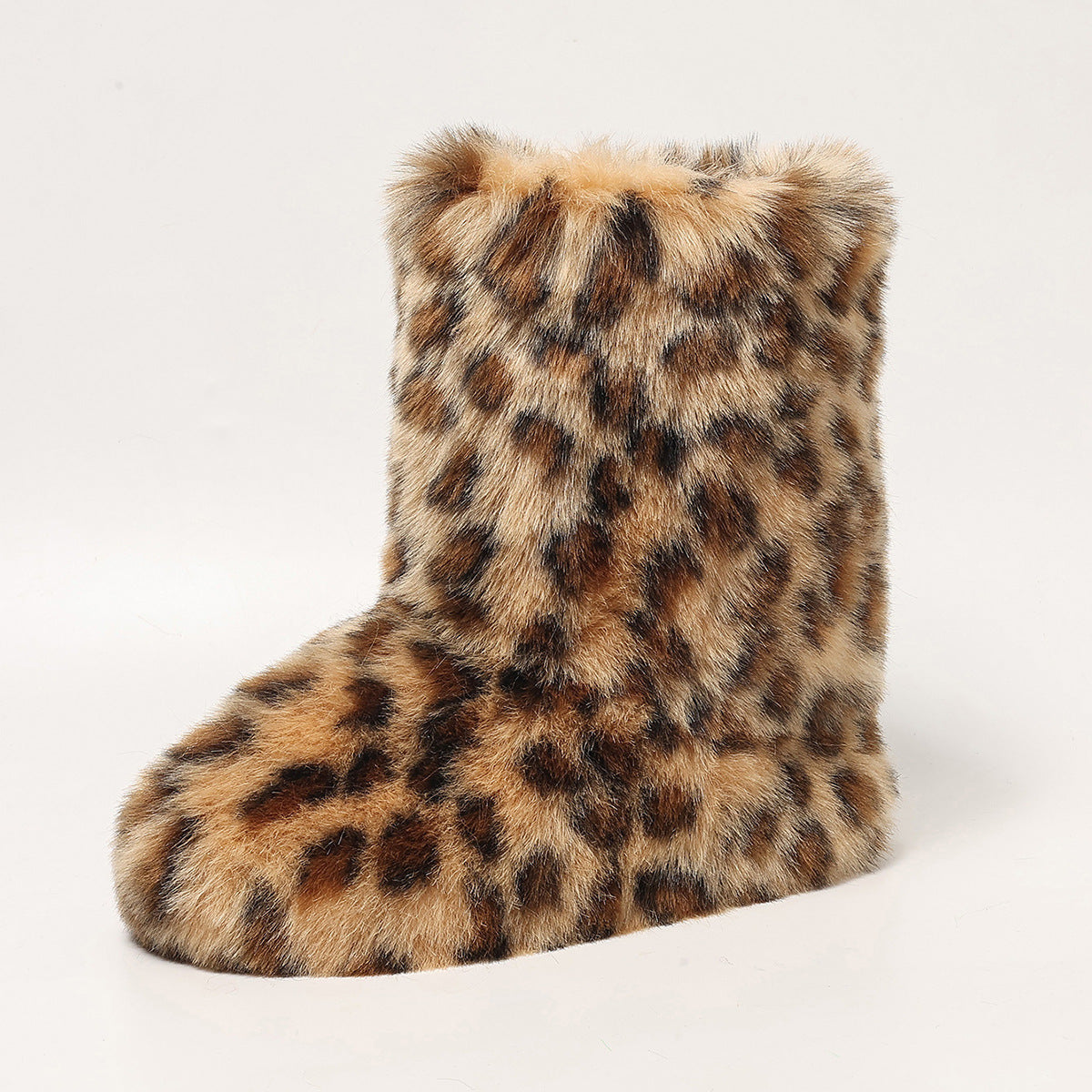 Women Long Fur Boots Warm Thick-Soled Mid-Calf Boots Leopard Print Snow Boots