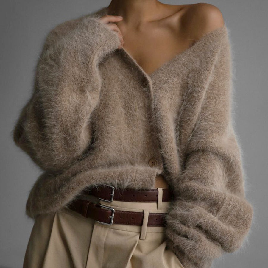 Women's Loose V-Neck Button Knitted Cardigan Sweater - Fall & Winter Top