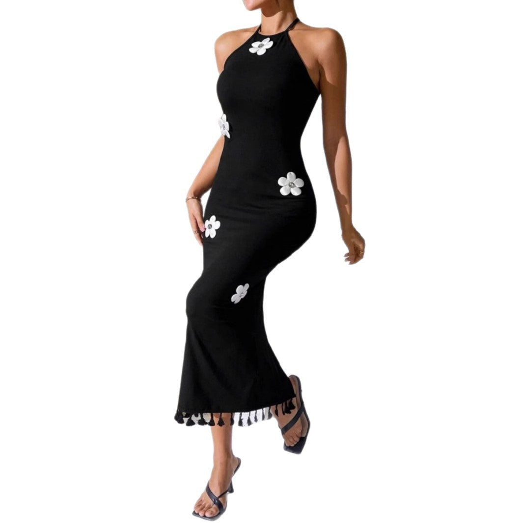 Slim Fit Long Flower Small Turtleneck Dress