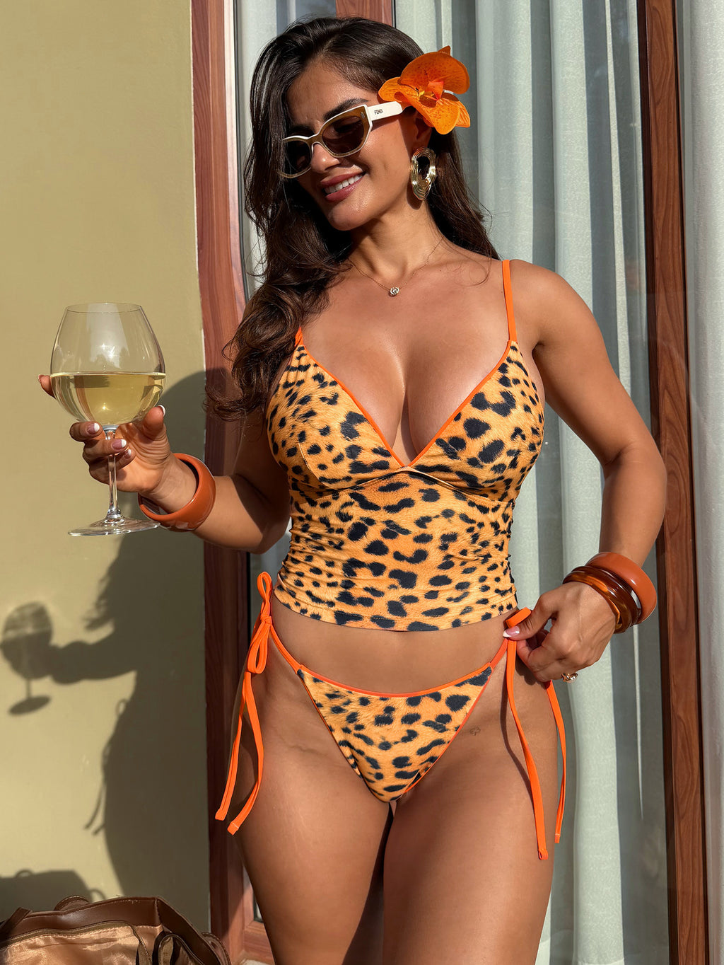 Leopard Colorblock Lace-Up Halter Neck Two-Piece Bikini Swimsuit