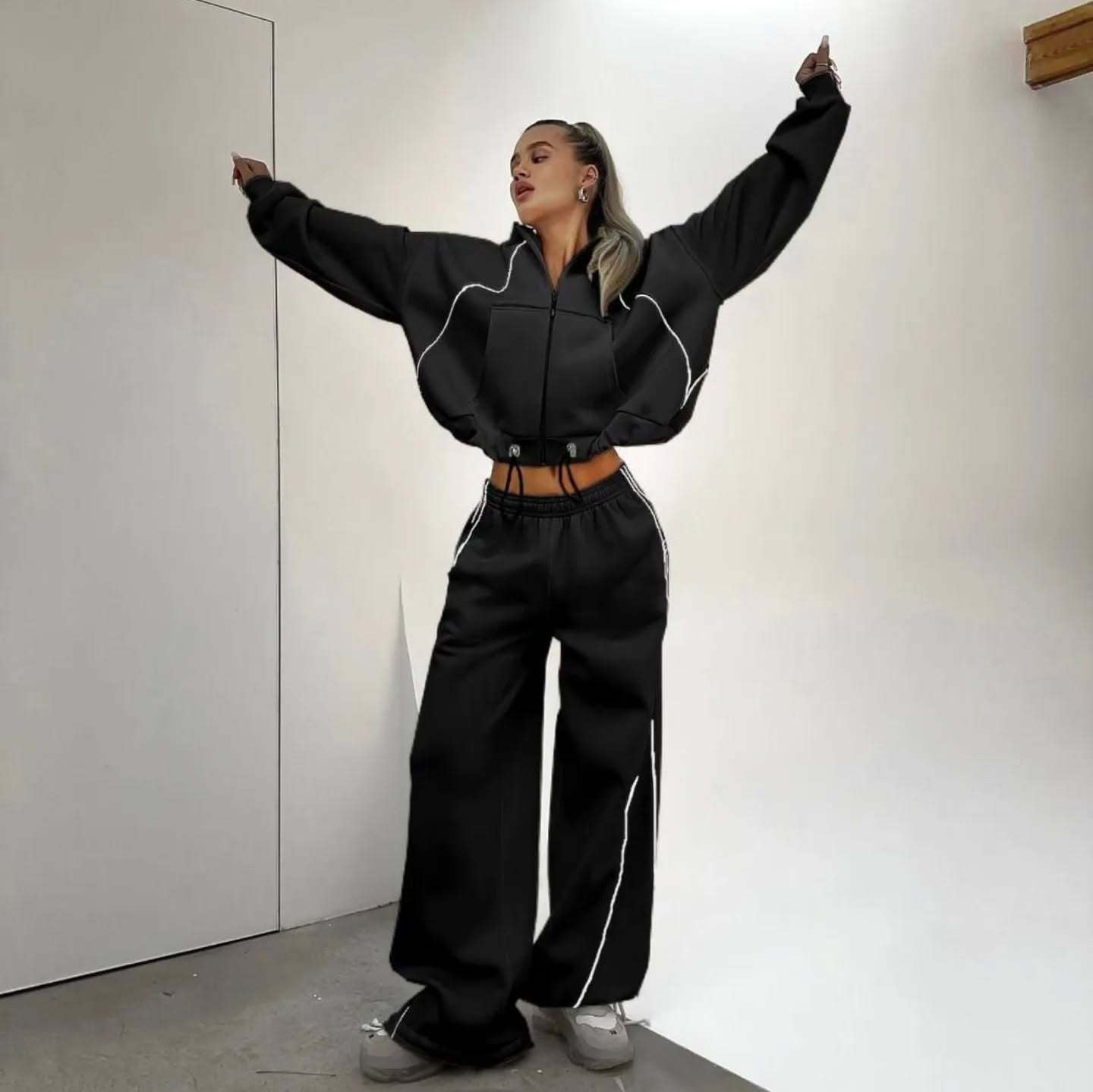 Women Contrast Zipper Hoodies And Pants Two-Piece Set