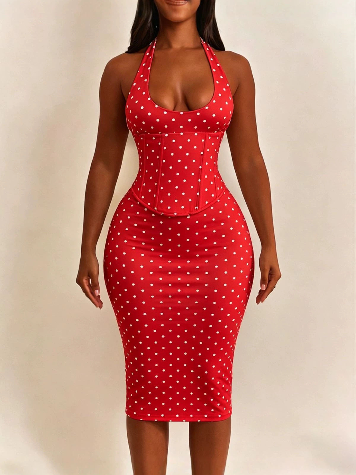 Women Halter Neck Polka Dot Herringbone Zipper (Faux Two-Piece) Dress