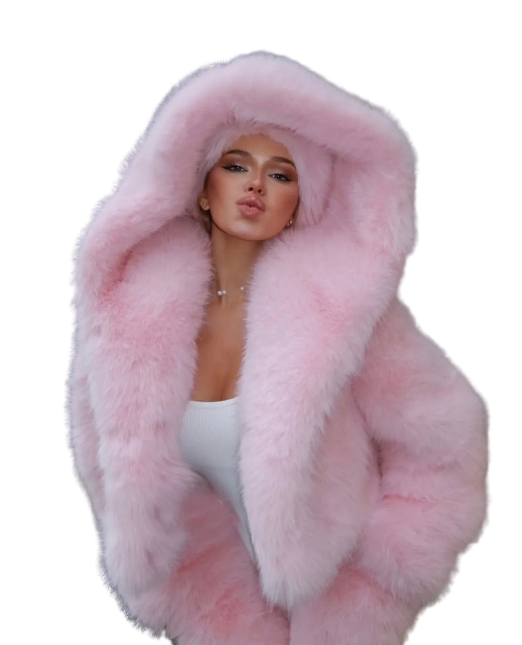 Women Winter Pink Furry Hooded Coat Two-Piece Set